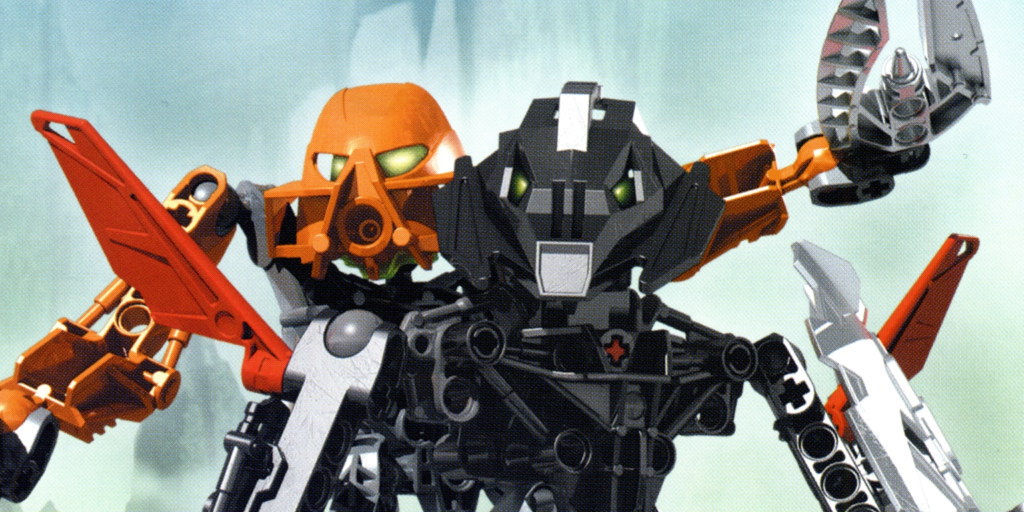 CGI image of Photok the Matoran riding on the back of Toa Onua.