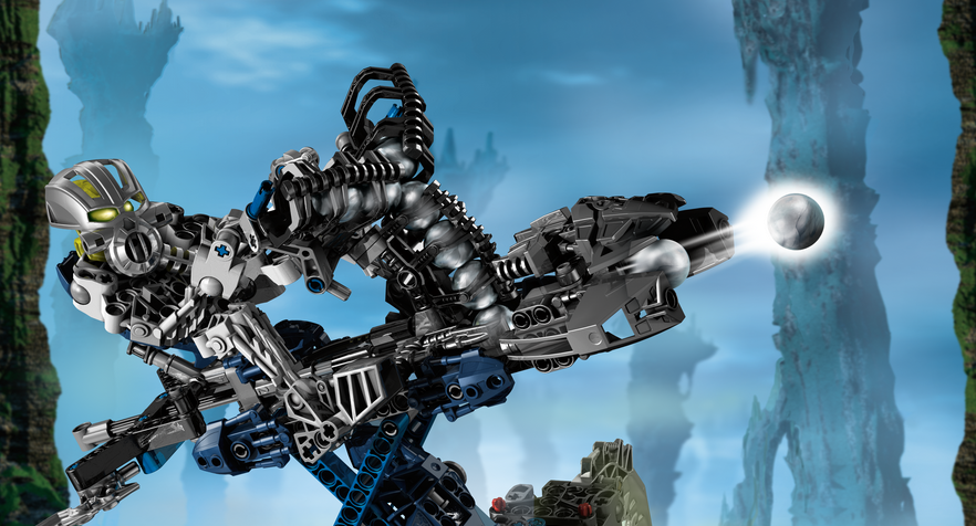 Mazeka, a Matoran, rides atop a four-legged mech with a multi-magazine turret mounted on top.